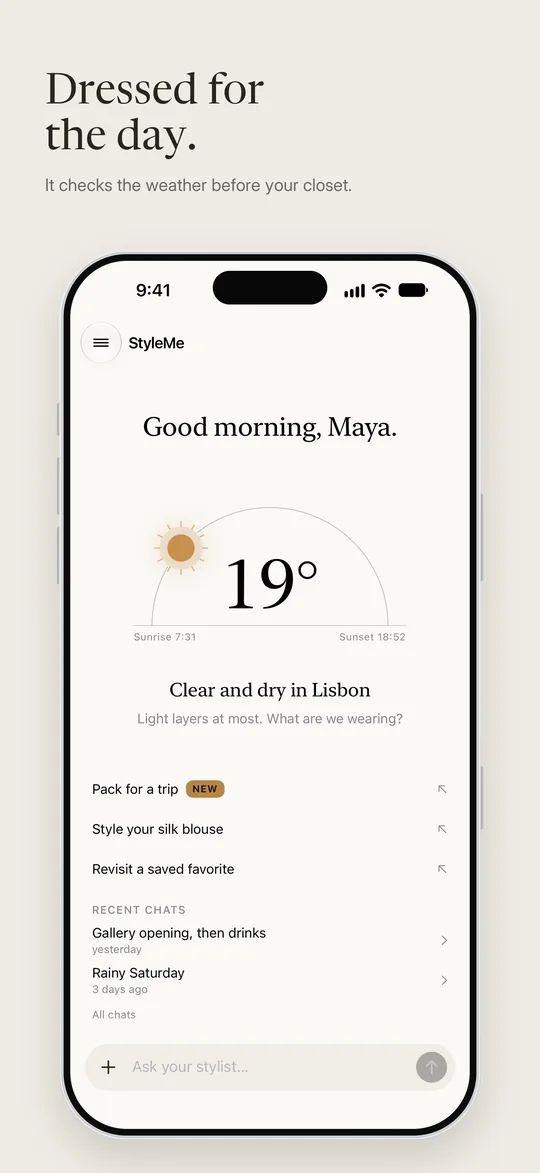 The opening screen: good morning and the Lisbon weather
