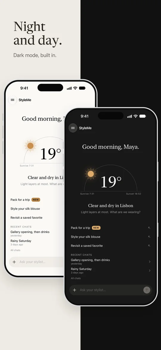 The opening screen in light and dark
